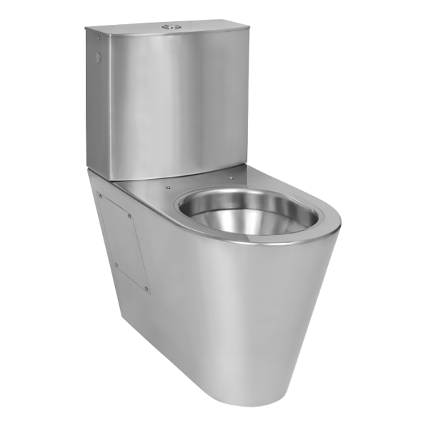 Stainless steel toilet with a tank with bottom water inlet