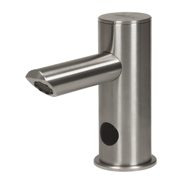 Automatic stainless steel washbasin tap for cold or premixed water, longer outlet arm, 6 V