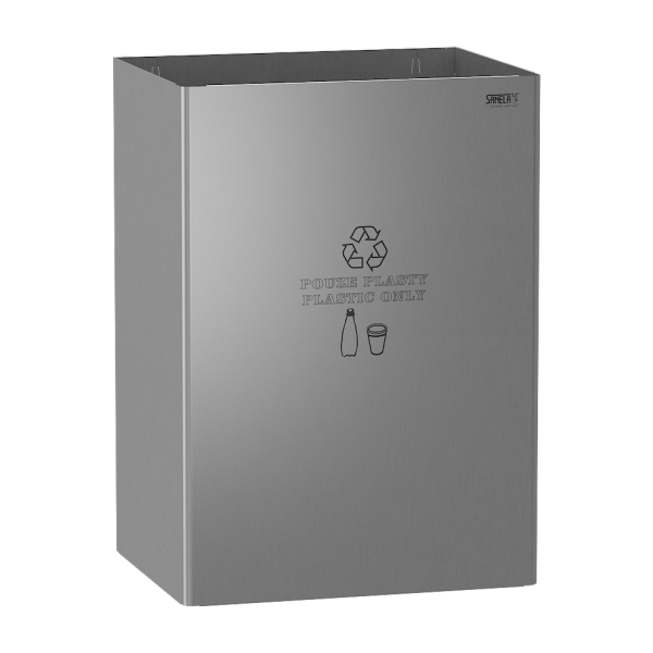Stainless steel waste bin, legend PLASTIC ONLY